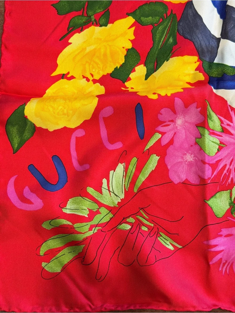 Gucci Red Silk Floral Scarf with Pink and Green Accents